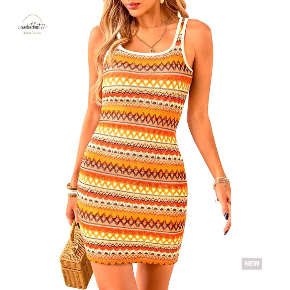 Slim Fit Mini Dress, Square Neck Sleeveless, Boho Striped, Beach Vacation